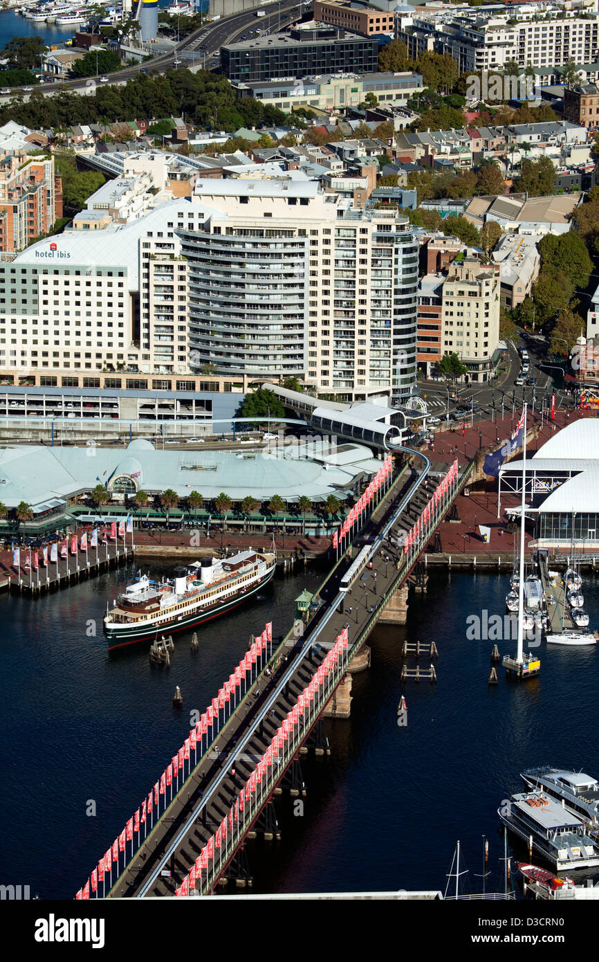 Elevated aerial view of the North Styene Ferry Restaurant and old Pyrmont Bridge as it crosses Darling Harbour Sydney Australia Stock Photo