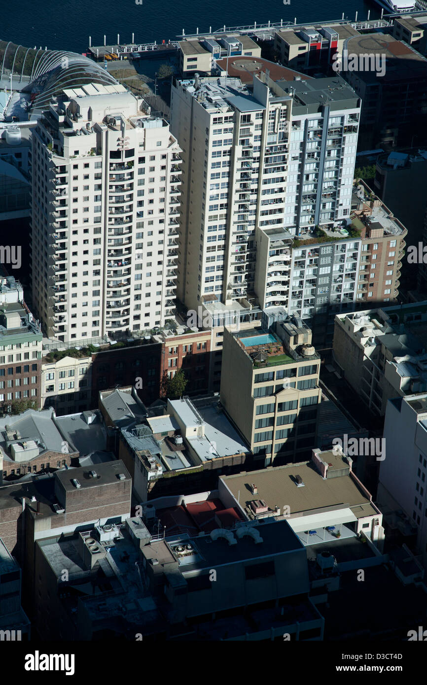 Elevated aerial view of residential apartment buildings and rooftops in the centre of the Sydney CBD Sydney Australia. Stock Photo