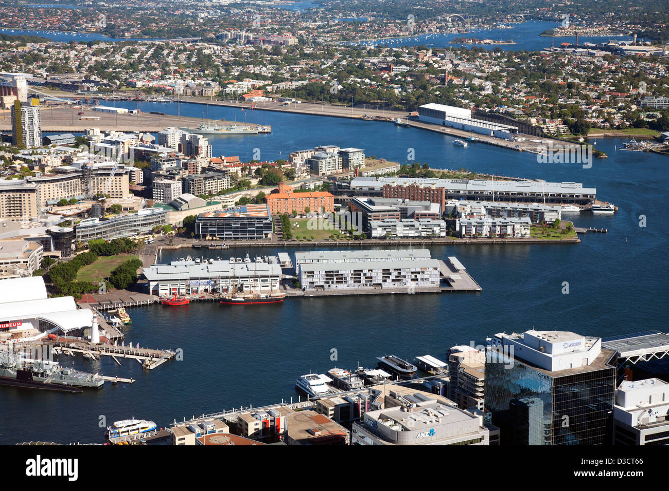 Elevated aerial view of Darling Island home of the Sydney Heritage Fleet in redeveloped residential wharves Sydney Australia Stock Photo