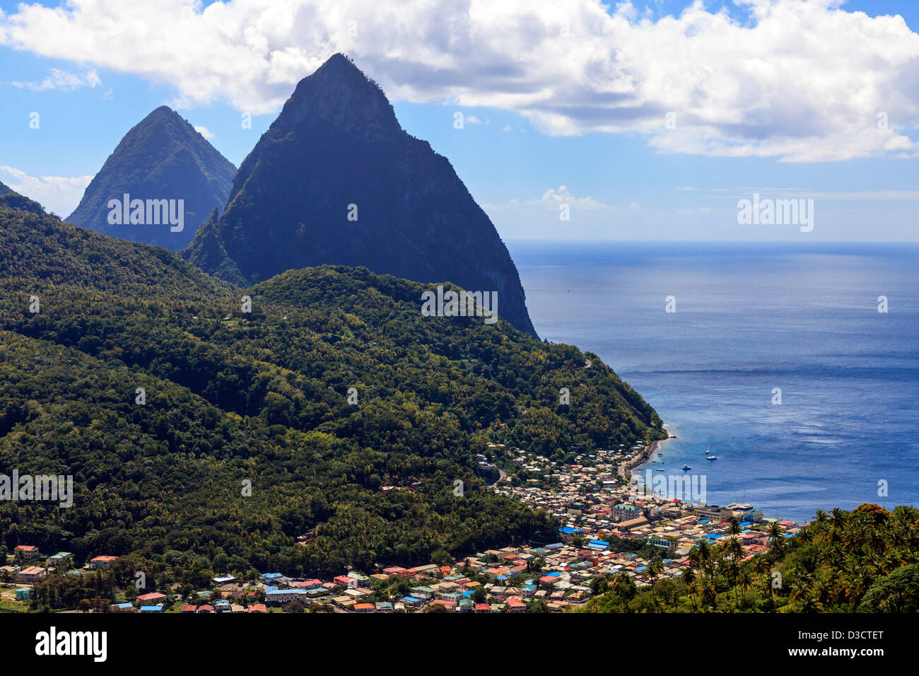 View of Gros Piton and Little Piton over Soufriere town and Soufriere