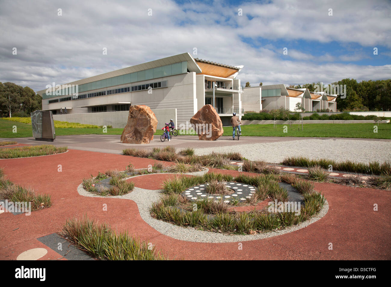 Wati Jarra Jukurrpa (Two Men Dreaming) artwork in front of the National Portrait Gallery Reconciliation Place Canberra Australia Stock Photo