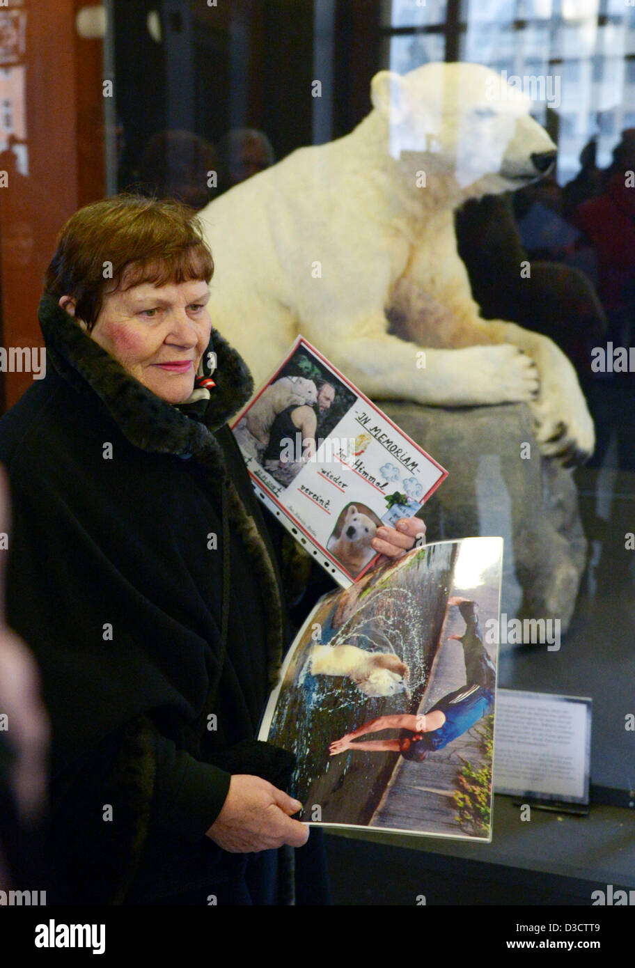 Erika Doerflein, mother of Knut's deceased zookeeper, poses  next to a model of polar bear Knut at the Museum of Natural History in Berlin, Germany, 16 February 2013. According to reports, Knut's body was not stuffed, but his fur was used in the sculpture. The polar bear is exhibited at the museum for one month from 16 February. Knut achieved world-wide fame in Berlin Zoo until his untimely death in 2011. Photo: Rainer Jensen Stock Photo