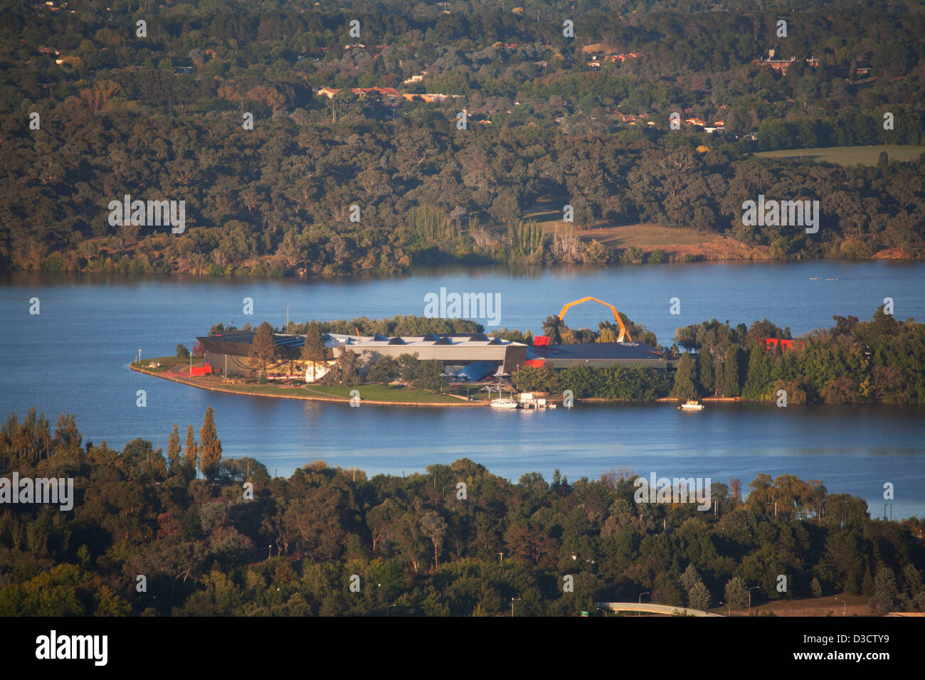 Aerial view of the National Museum of Australia on the shores of Lake ...