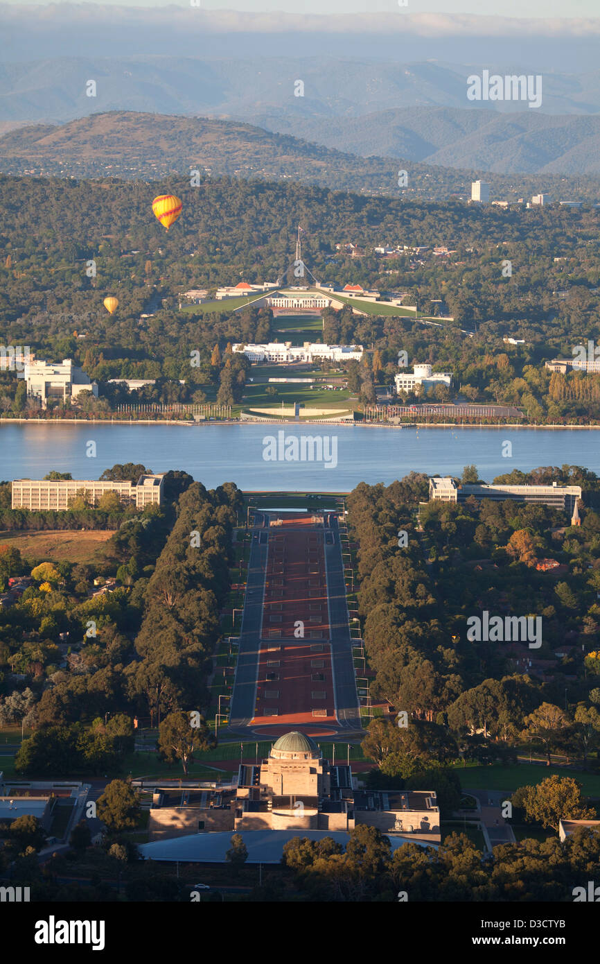 Early-morning hot Air Ballooning over Lake Burley Griffin near the end of Anzac Parade Canberra Australia Stock Photo