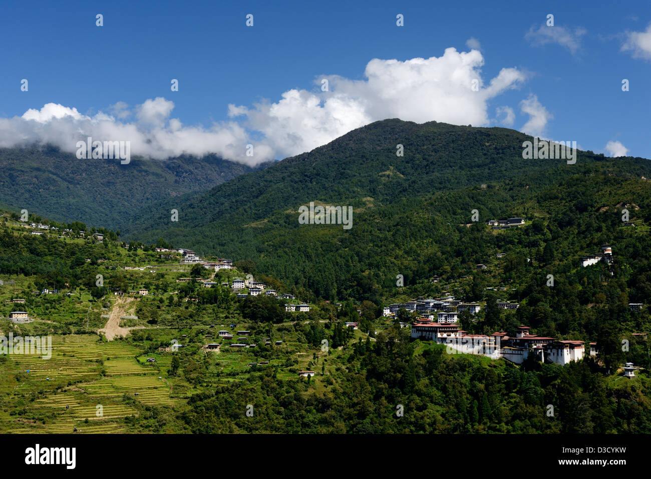 Trongsa Dzong,1644,2180m perched high above Mangde Chuu river,Amazing landscape view of mountains,terraced farmland,36MPX,HI-RES Stock Photo
