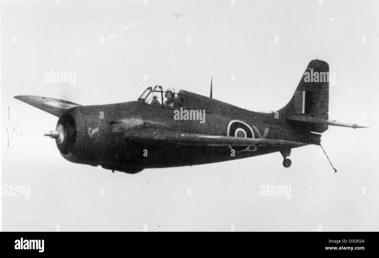 This photograph from the Charles M. Daniels Collection shows the Grumman Wildcat Mk. VI, a carrier-based fighter aircraft used by the U.S. Navy during World War II. Known for its rugged design, it played a vital role in naval combat against Japanese forces in the Pacific Theater. Stock Photo
