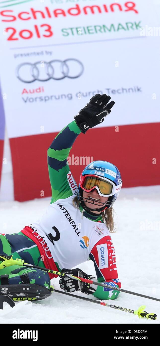 Tanja Poutiainen of Finland reacts after the second run of the women&amp;#39;s ...