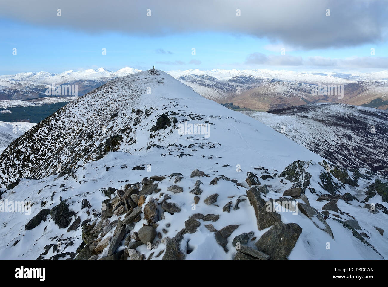 Summit ridge, Ben Vorlich, Perthshire, Scotland in winter looking north to the Ben Lawers range Stock Photo