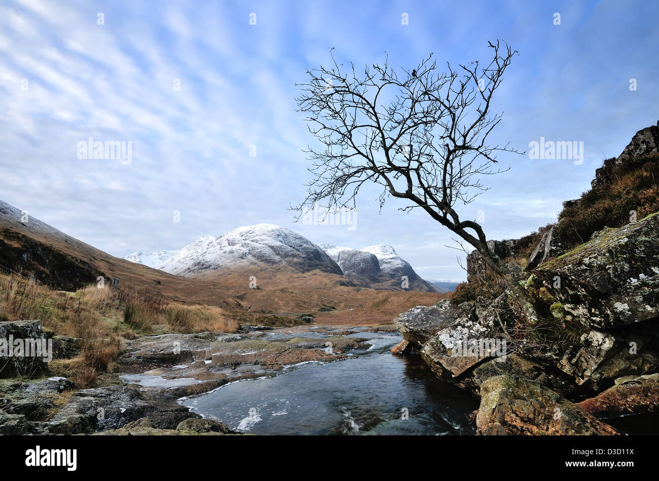 The Three Sisters of Glen Coe seen from near the head of the Glen Stock Photo