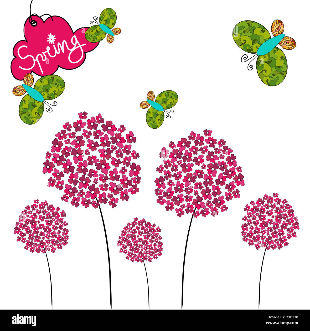 Fresh Spring background with butterfly and flower. Vector file layered for easy manipulation and custom coloring. Stock Photo