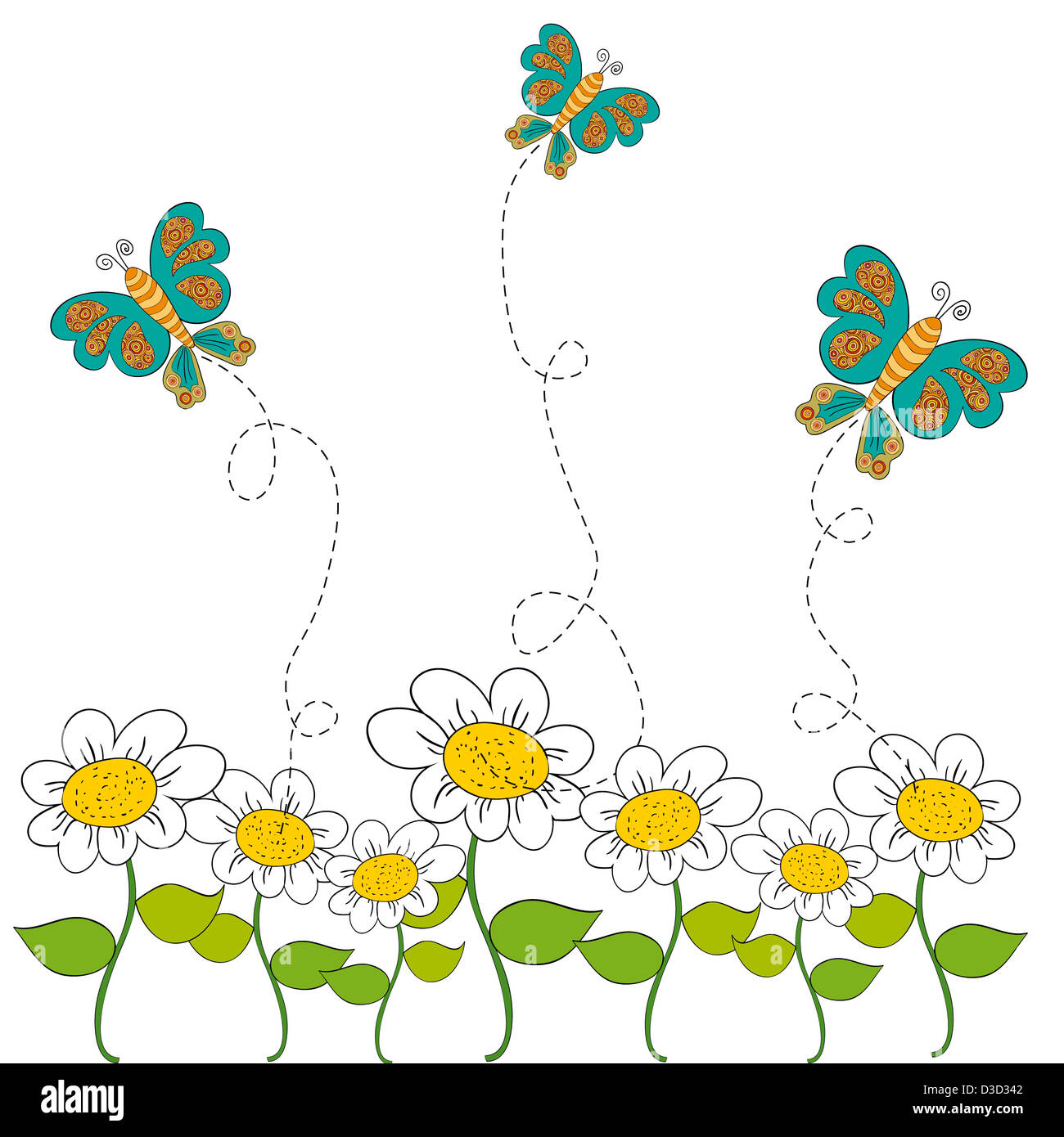 Flying butterfly and flowers spring background. Vector file layered for easy manipulation and custom coloring. Stock Photo