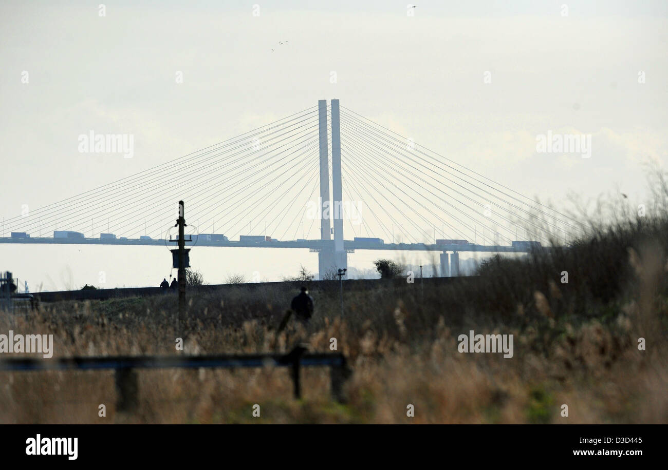 Queen Elizabeth Bridge seen from Rainham Marshes RSPB Nature Reserve by the River Thames Essex UK Stock Photo