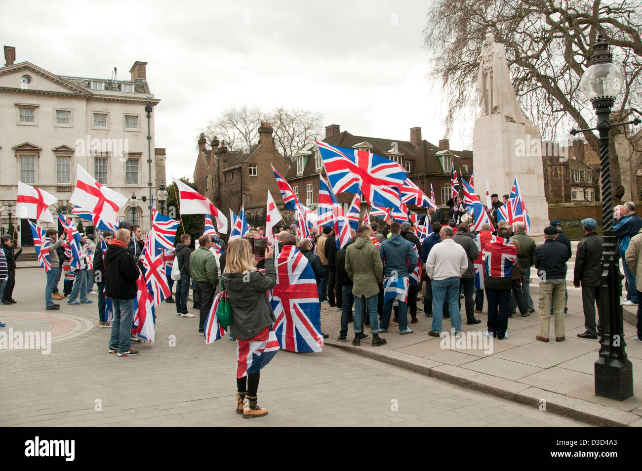 London, UK. Saturday 16th February 2013. Loyalist Flag or "fleg" protesters from Northern Ireland join various right-wing nationalist groups from the mainland UK as they march through Whitehall. Credit: Pete Maclaine/Alamy Live News Stock Photo