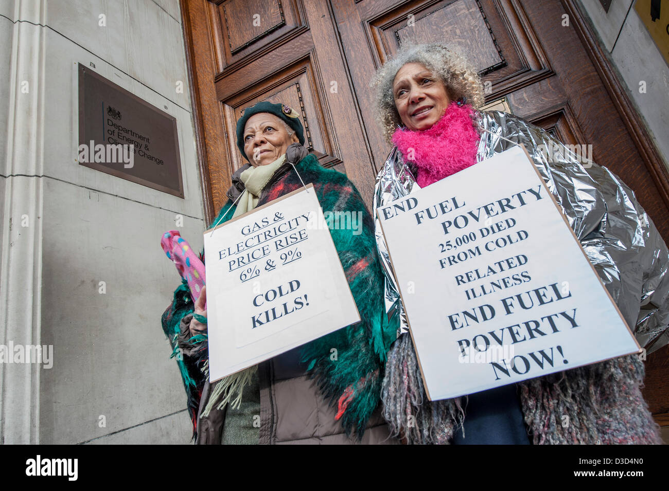 Ellen Lebethe and Benedita Whitehouse, chair and treasurer of Lambeth  pensioners action group, at a protest organised by Fuel Poverty Action  outside the Department of Energy and Climate Change as part of