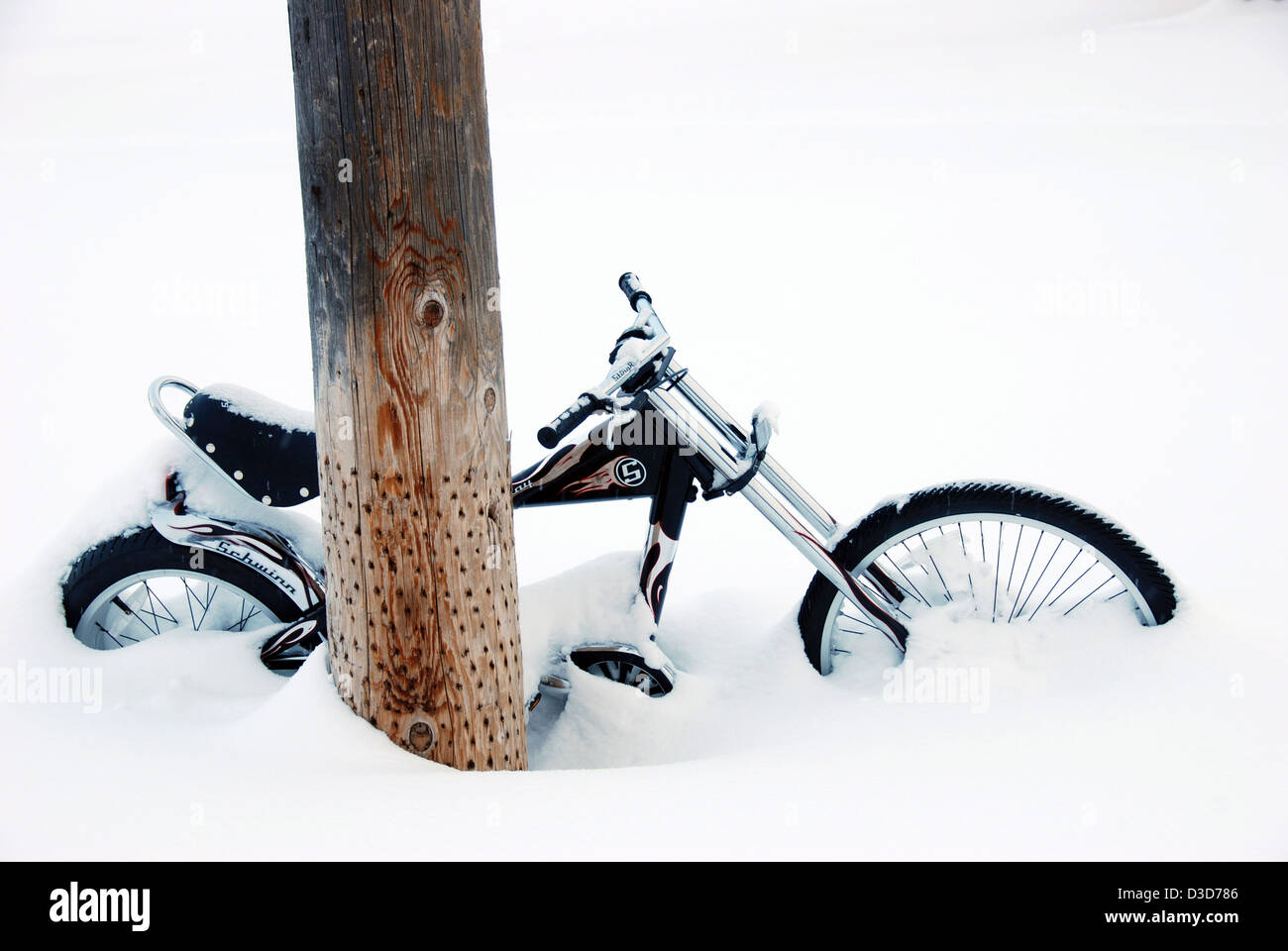 Bicycle the snow, Joseph, Oregon. Stock Photo