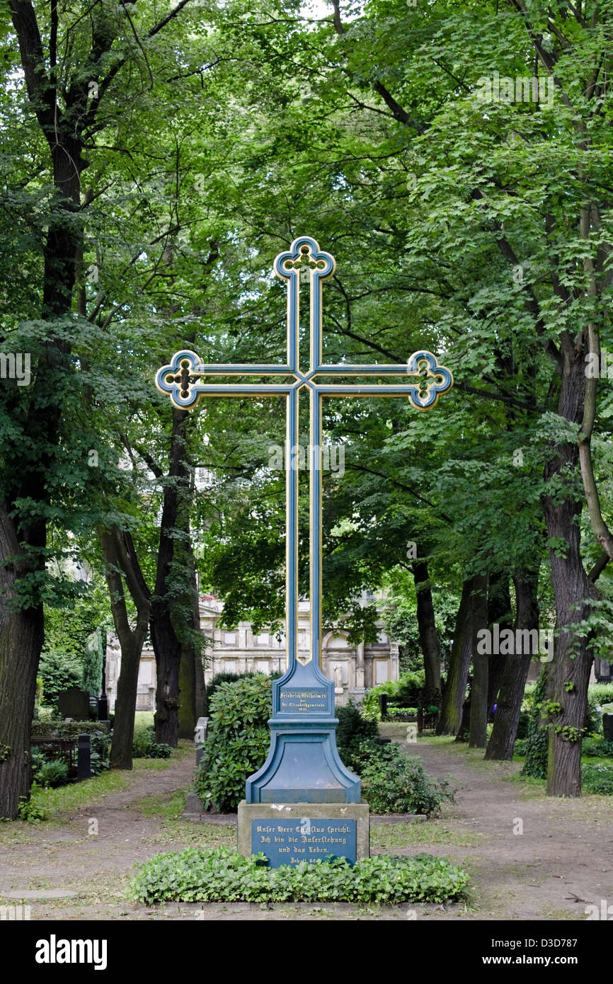 Berlin, Germany, neo-Gothic stone cross on the St. Elizabeth's Cemetery Stock Photo