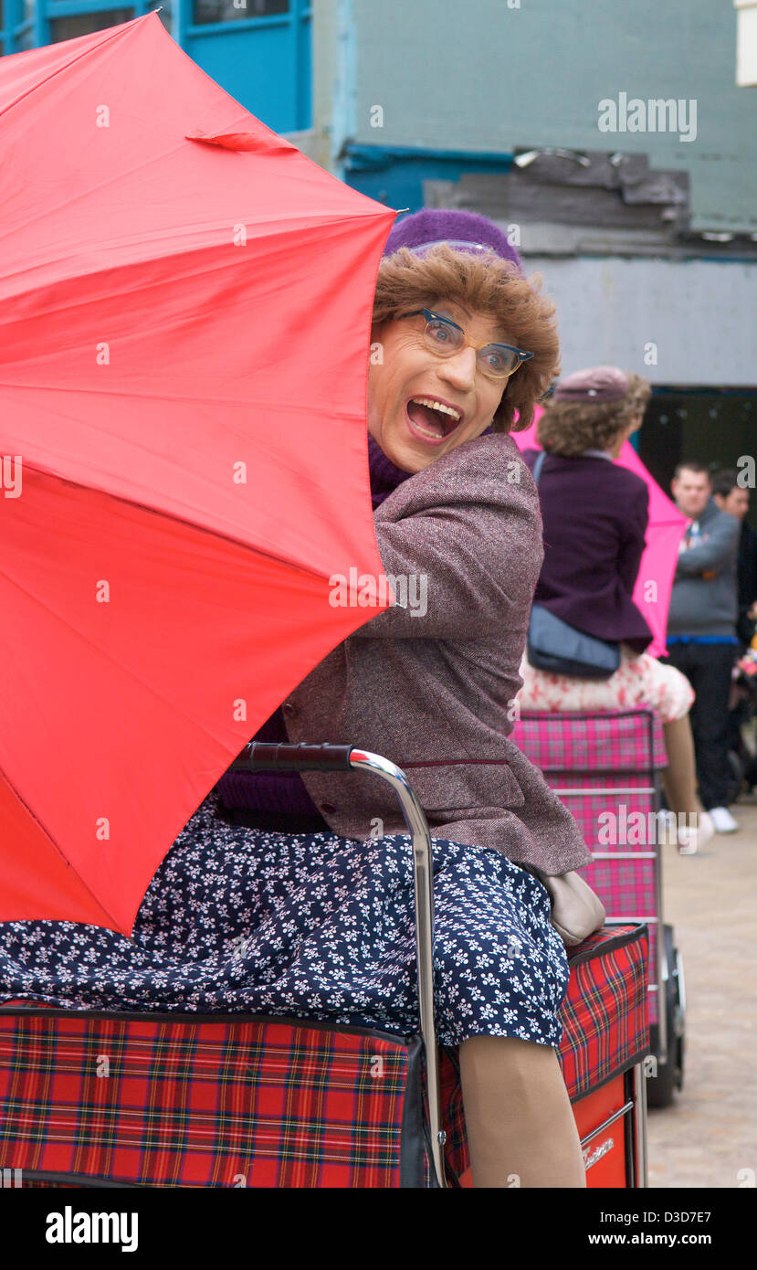 Blackpool, UK. 16th February 2013. Street theatre group Granny Turismo hit the streets of Blackpool in their suped up shopping trolleys at the start of the town's annual Showzam festival celebrating circus magic and new variety. Credit: Kevin Walsh/Alamy Live News Stock Photo
