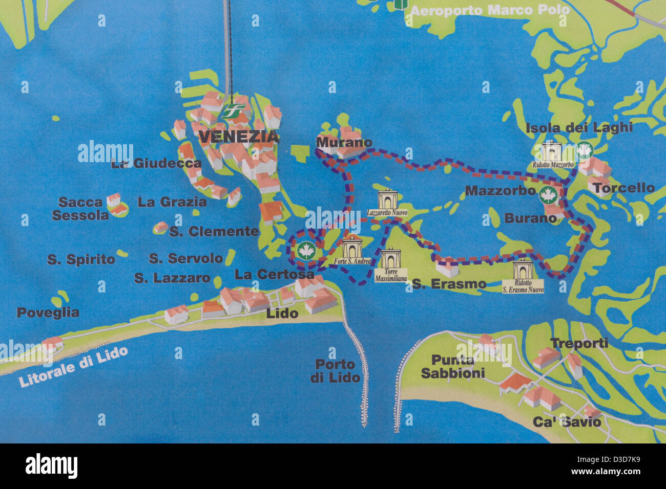 Map of Venice and surrounding Islands in the Venetian Lagoon Stock Photo