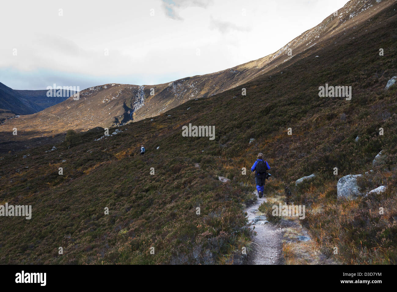 Hillwalkers on a path through Glen Muick on the Balmoral Estate, near Ballater, Aberdeenshire Stock Photo