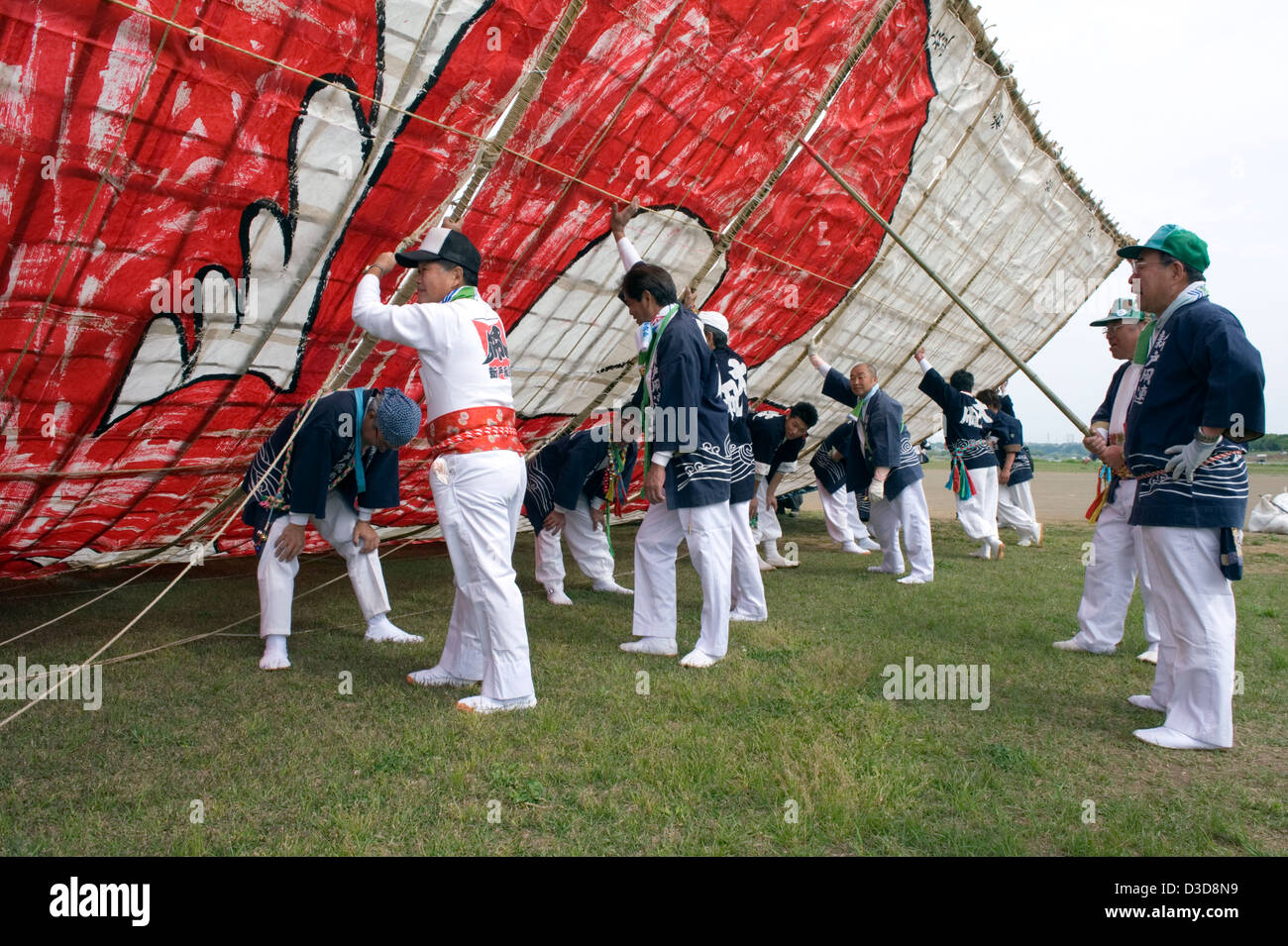 Team gets ready to launch giant paper and bamboo kite weighing 950 kilos and measuring 15 meters square at Sagami Kite Festival Stock Photo