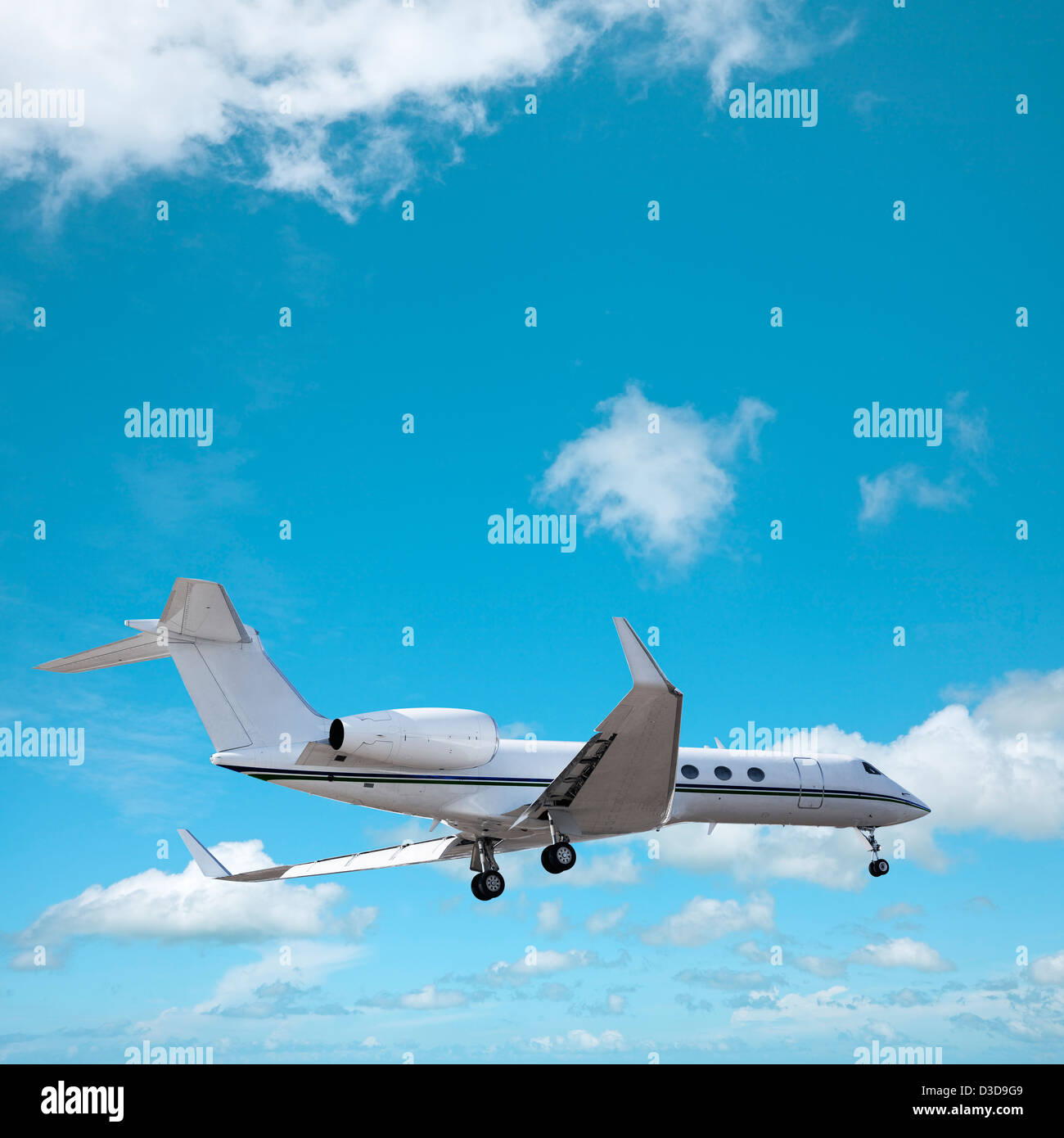 Private jet in a sky is maneuvering for landing. Square composition. Stock Photo
