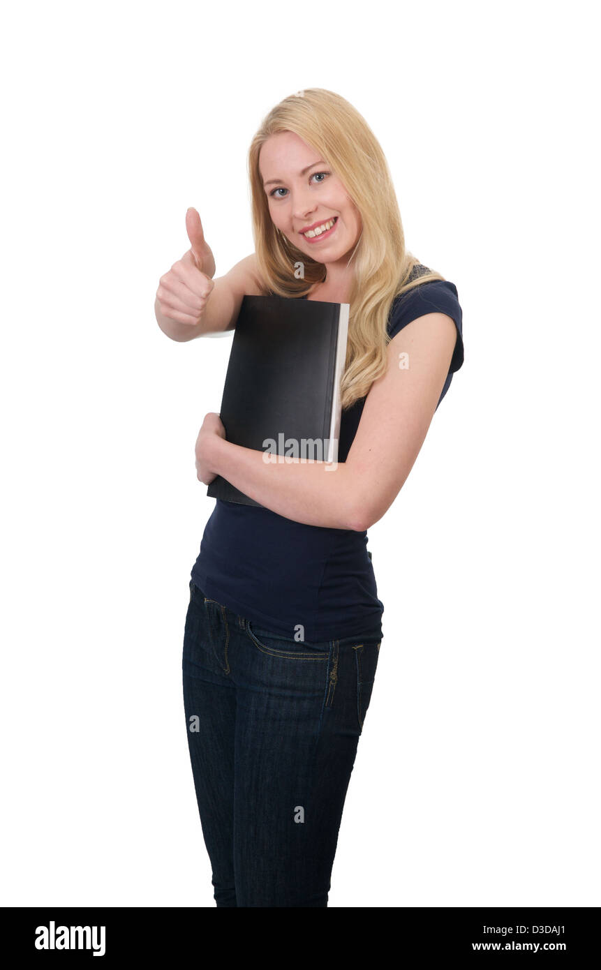 young teenage student holding books thumbs up Stock Photo - Alamy