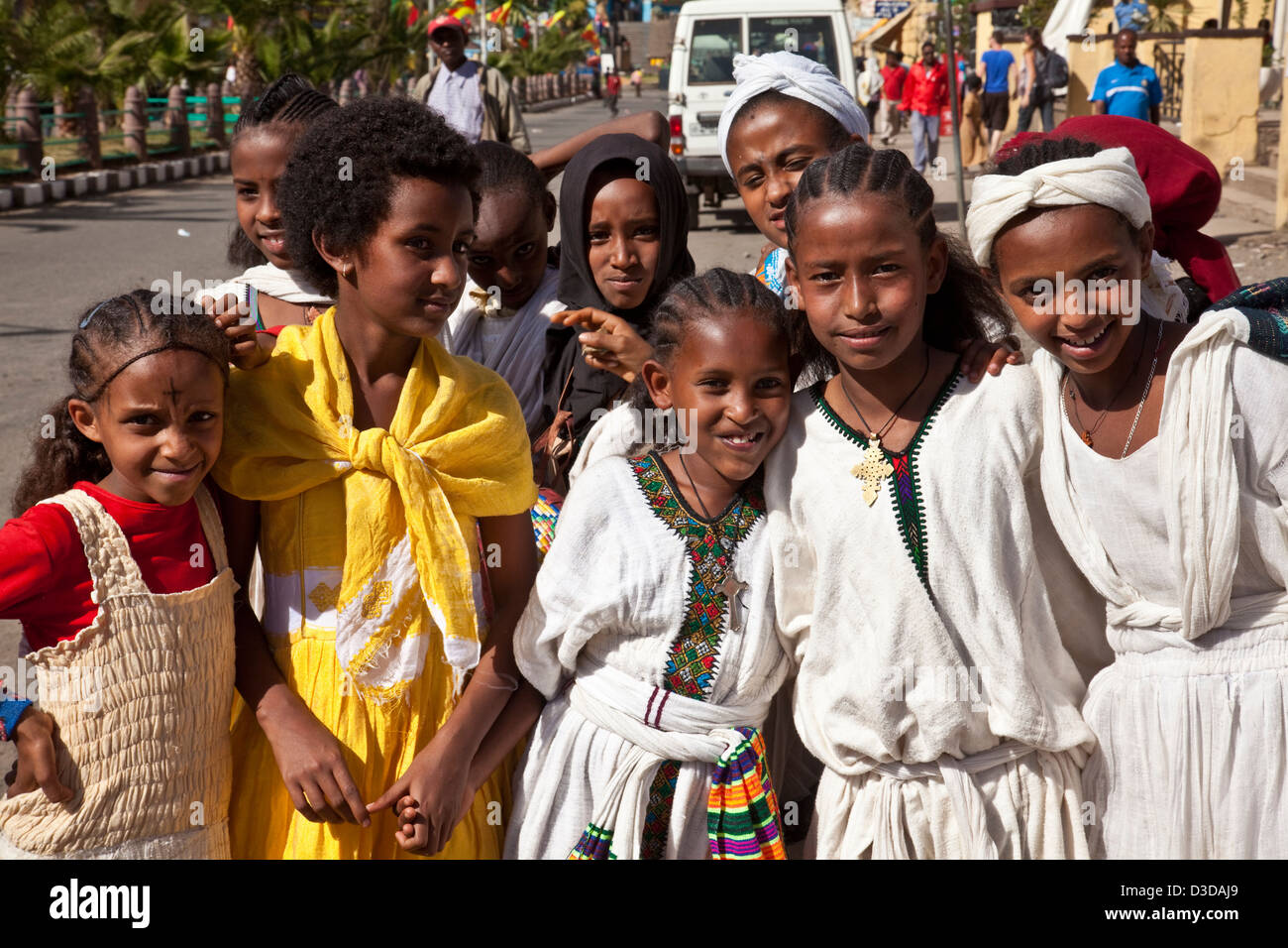 Local Girls Pose During Timkat (The Festival of Epiphany), Gondar, Ethiopia Stock Photo