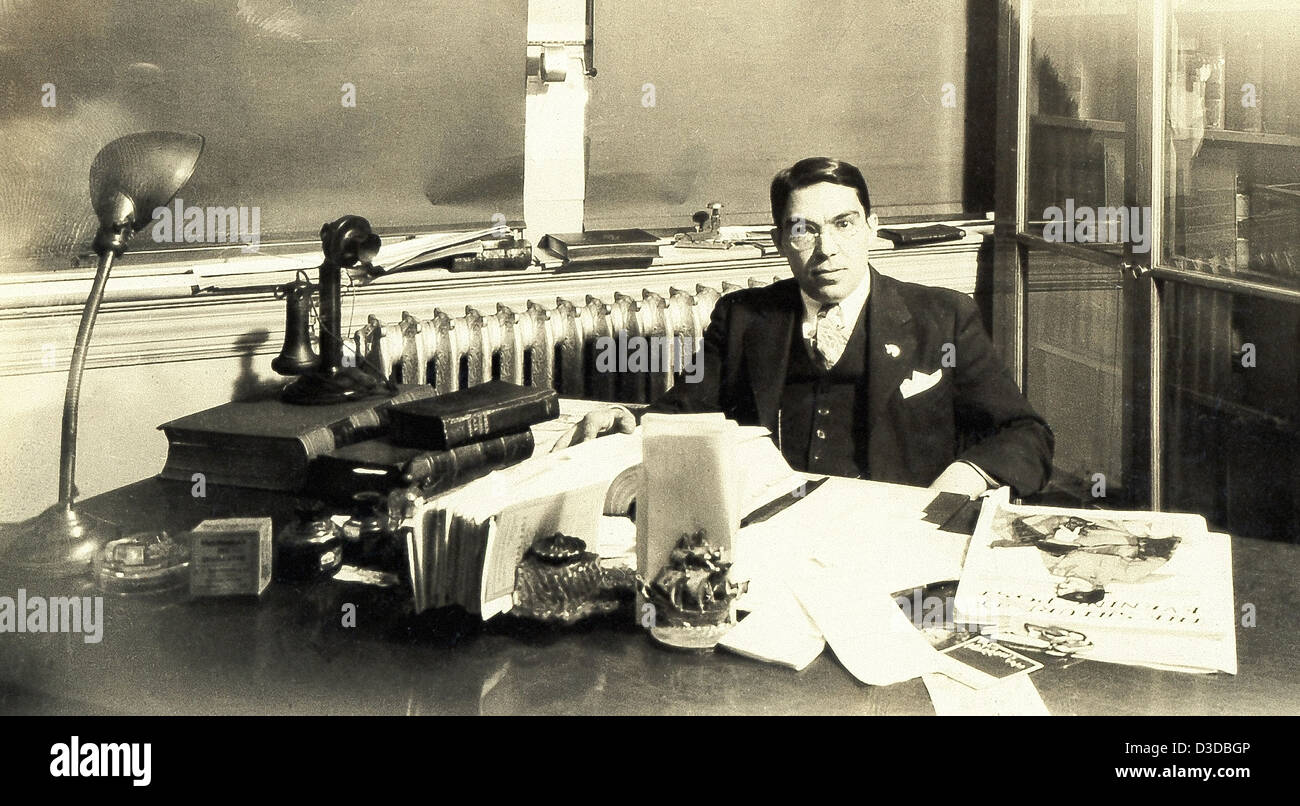 This 1930s photo shows a lawyer in his office in the Olympia Building on Purchase Street in New Bedford, Massachusetts. Stock Photo