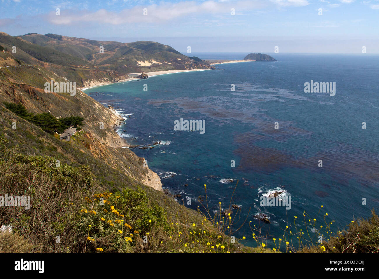 Roadside view from Cabrillo Highway,  looking south along California coastline in July Stock Photo