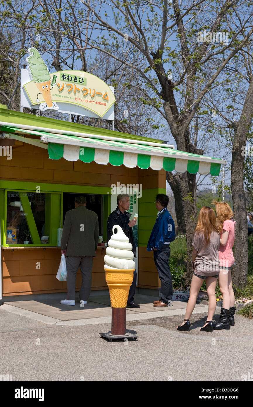 Visitors enjoying wasabi horseradish soft ice cream at Daio Wasabi Nojo farm in Hotaka, Nagano. Stock Photo