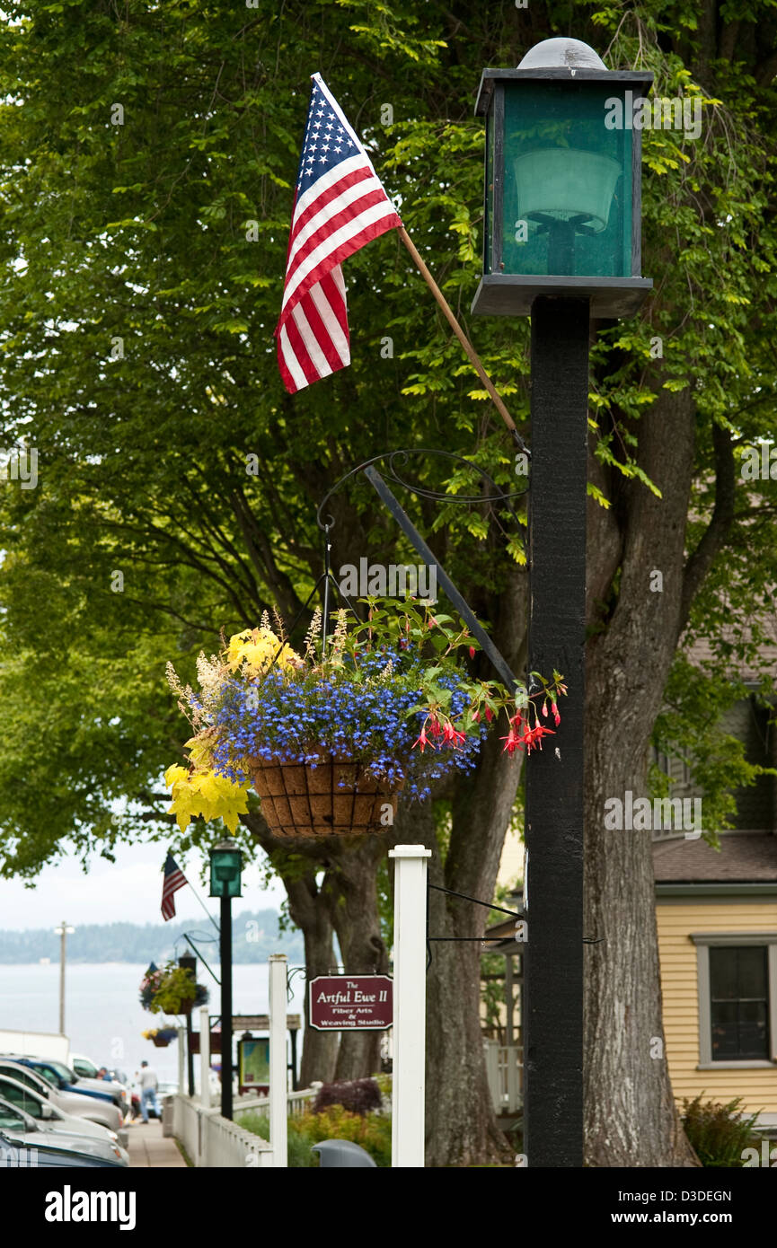 Small town America Port Gamble with light posts and American Flags Stock Photo