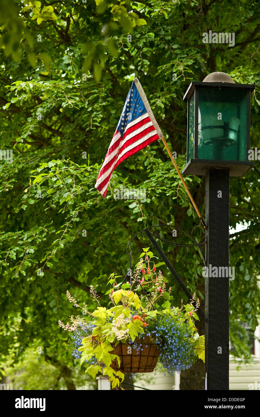 Small town America Port Gamble with light posts and American Flags Stock Photo