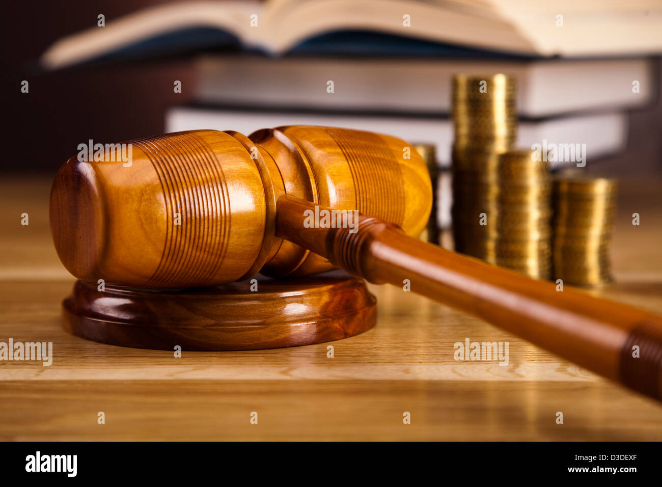Wooden gavel barrister,scale of justice and golden coins Stock Photo ...
