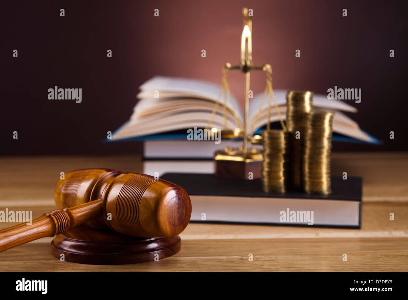Wooden gavel barrister,scale of justice and golden coins Stock Photo ...