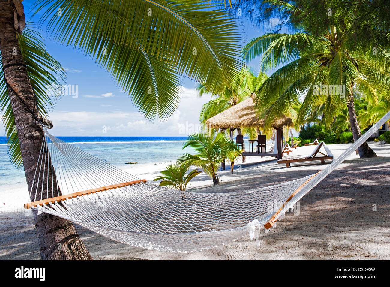 Empty hammock between palm trees on tropical beach Stock Photo