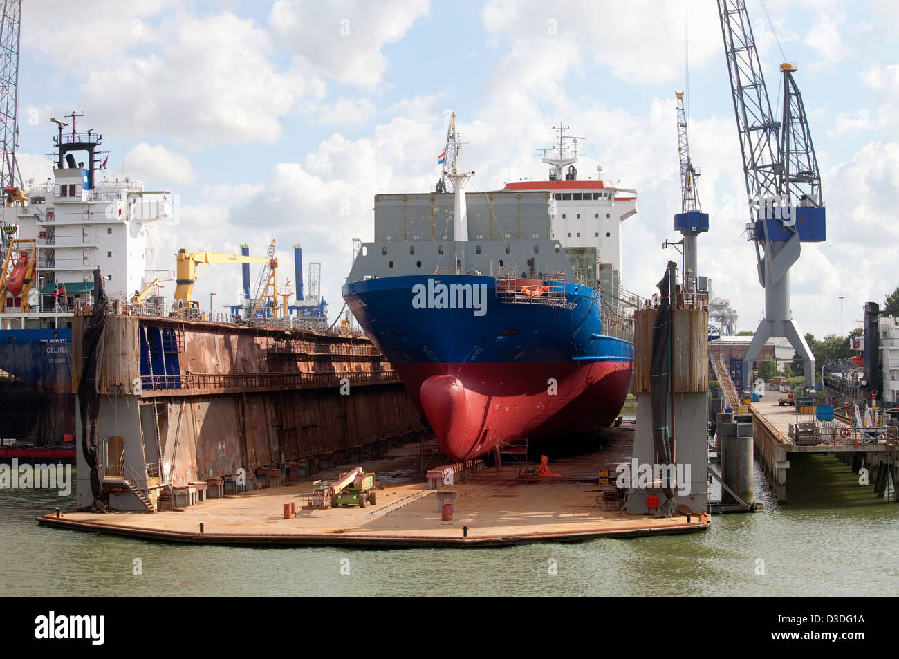 Rotterdam, The Netherlands, a container ship is in dry dock the port of