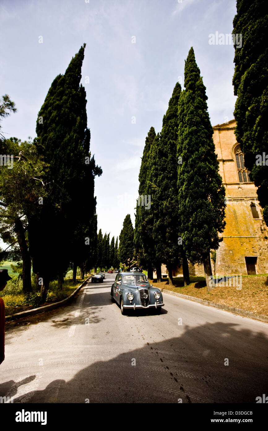 Classic cars on country road, Mille Miglia race, Italy, Stock Photo