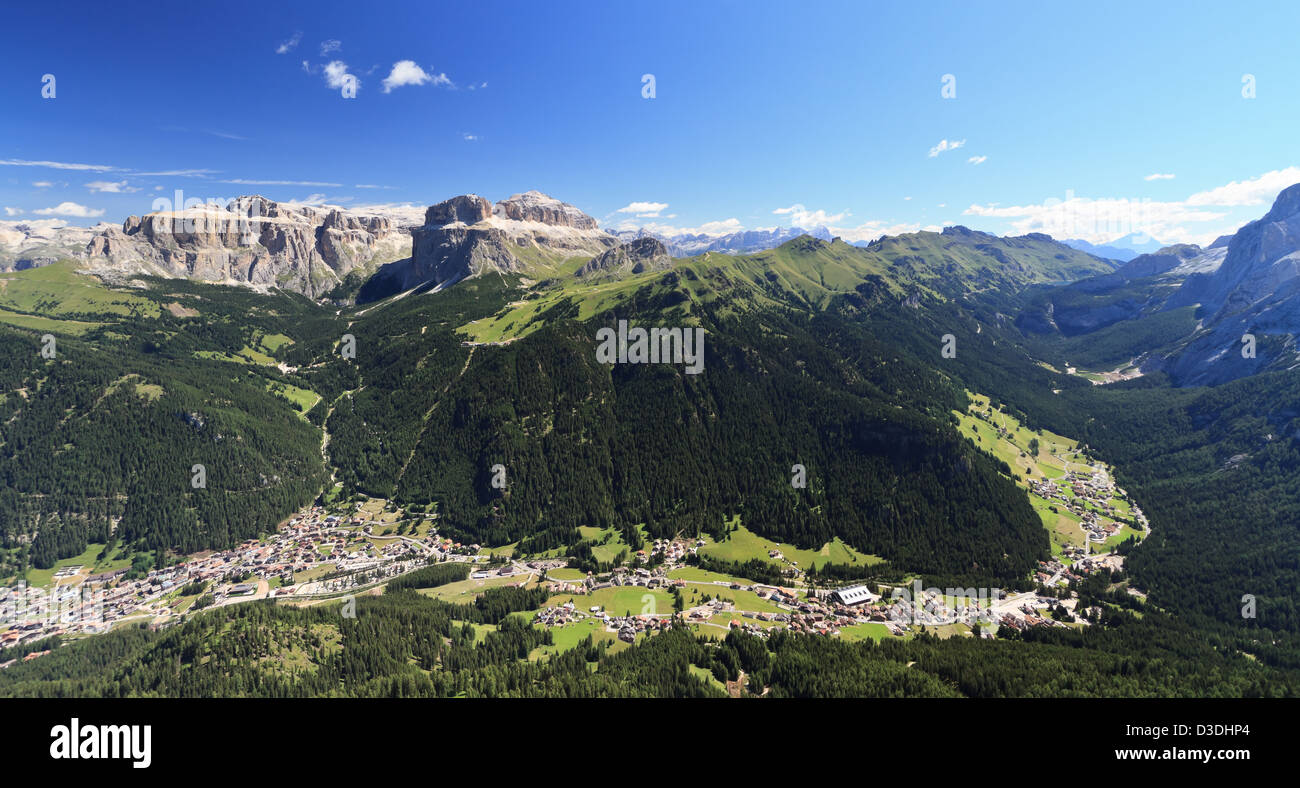 Panoramic view of Canazei and Fassa valley with Saas Pordoi mount, Fedaia and Pordoi pass Stock Photo
