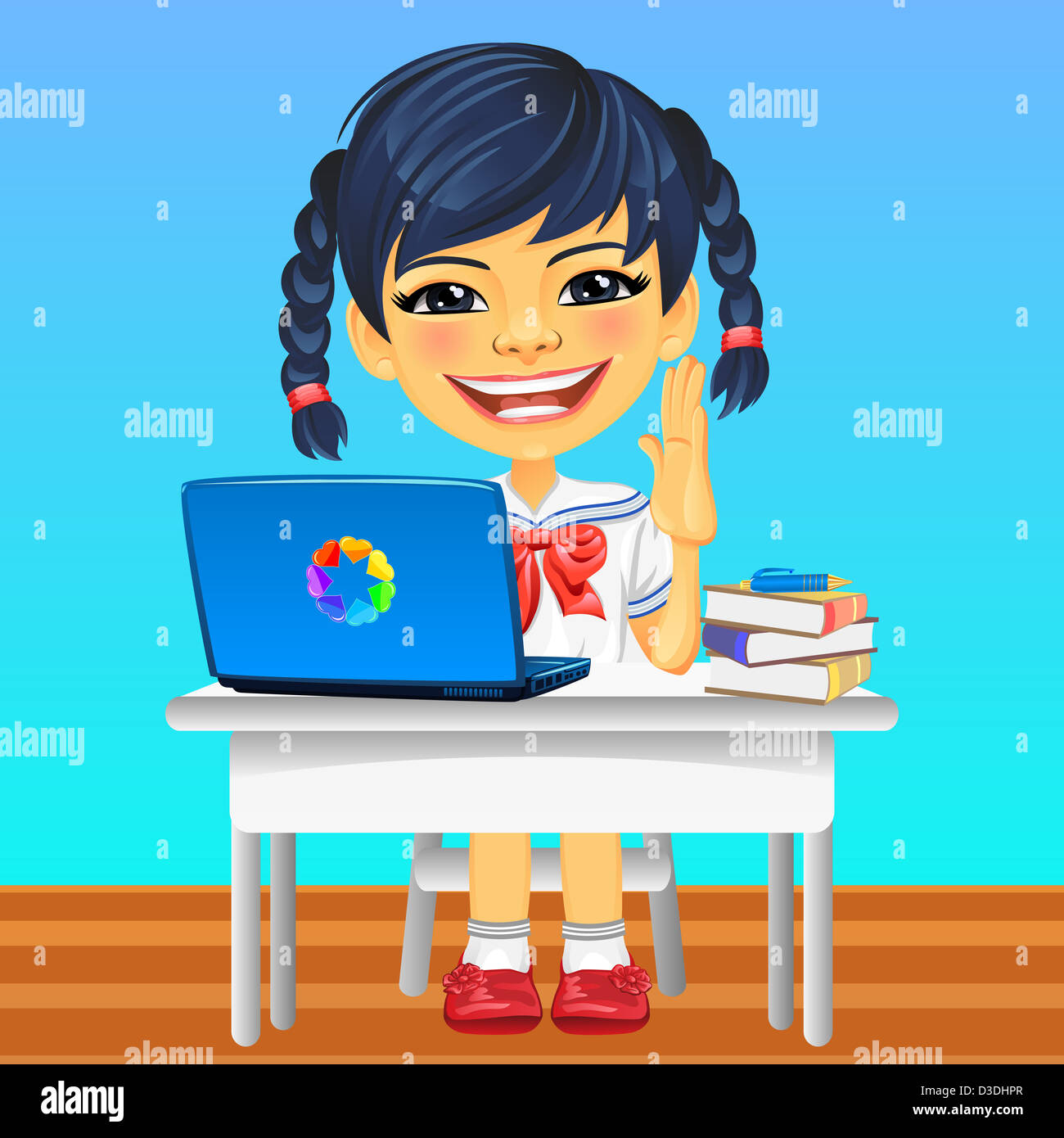 Smiling happy Asian schoolgirl in a school uniform sitting at a school ...