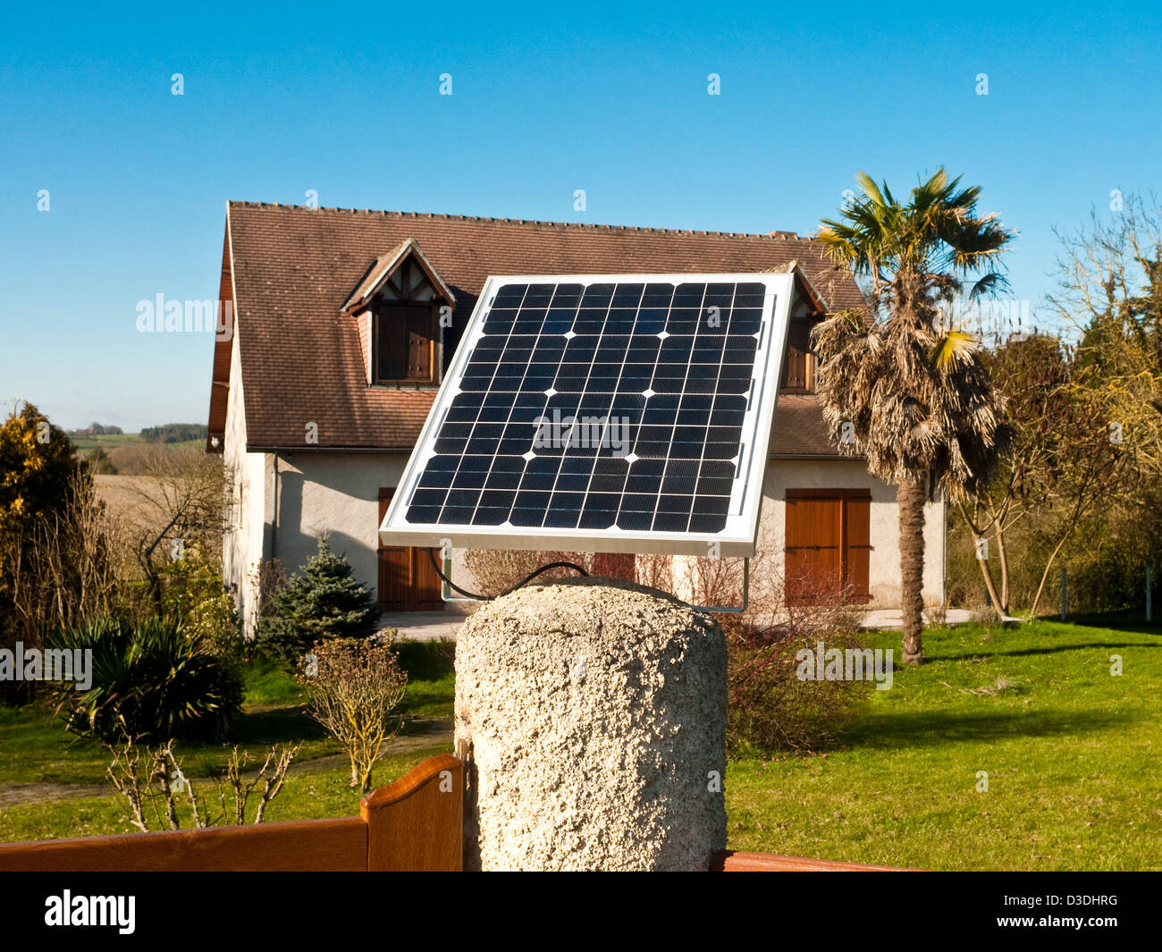 Solar panel on bungalow gatepost France Stock Photo Alamy