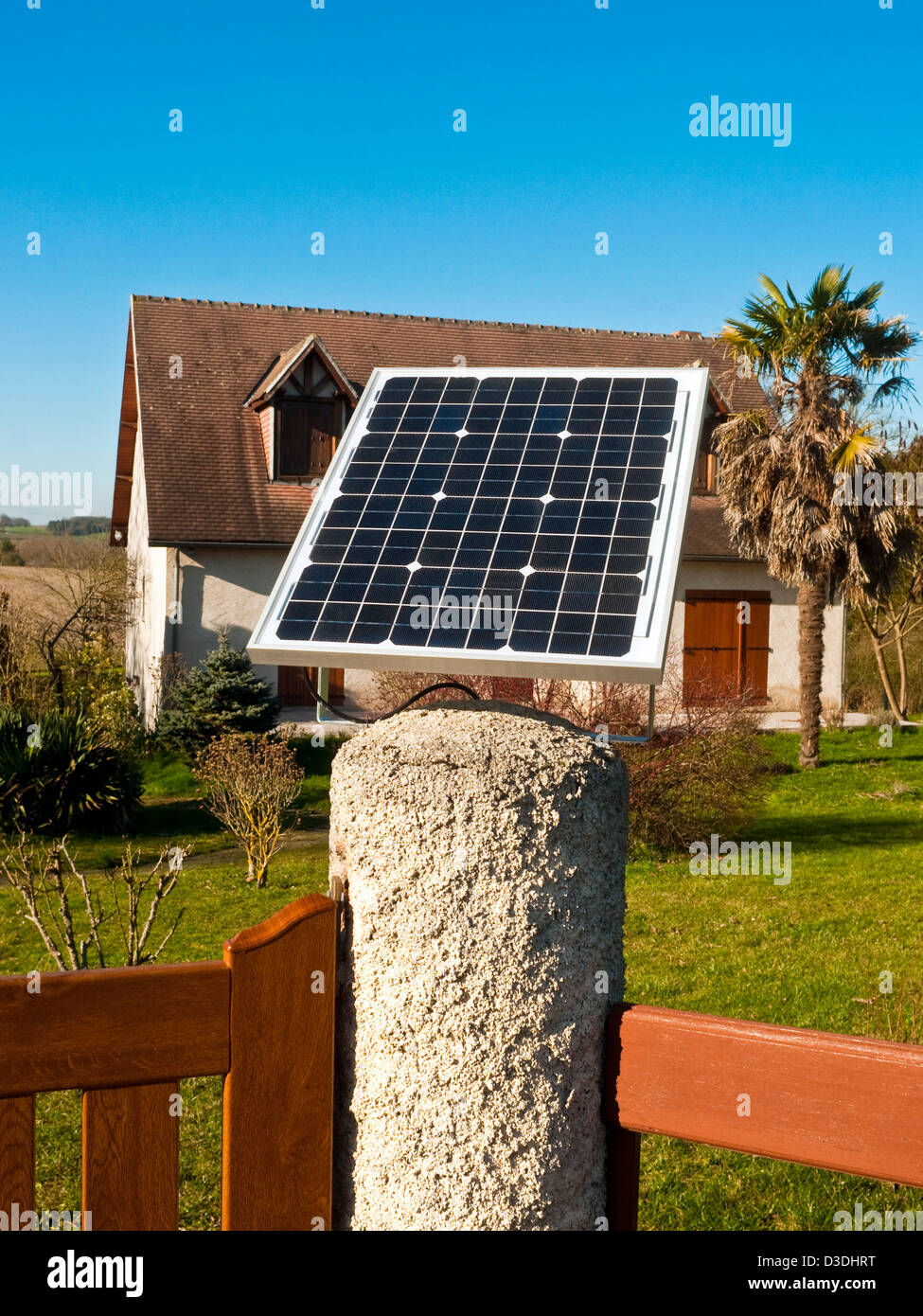 Solar panel on bungalow gatepost France Stock Photo Alamy