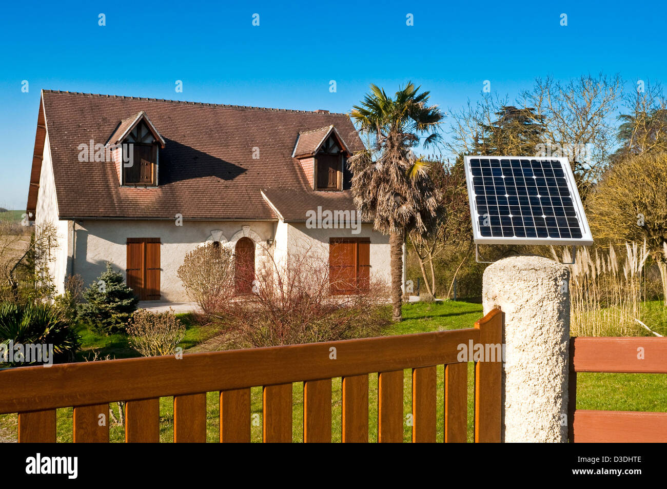 Solar panel on bungalow gatepost France Stock Photo Alamy