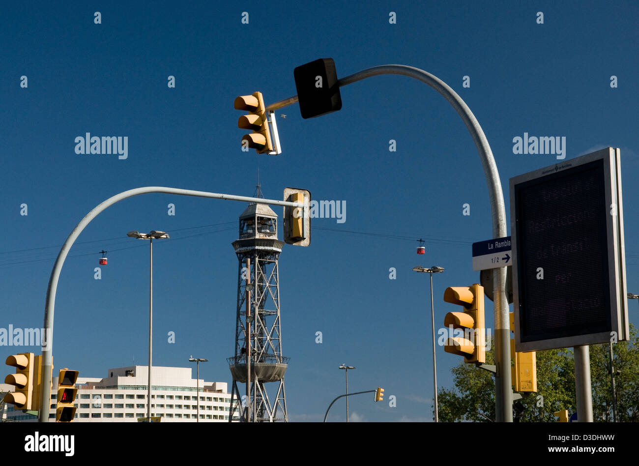 street paraphenalia,signs,lights,cable car,la rambla,barcelona, spain Stock Photo