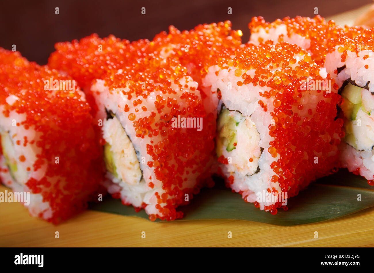 Japanese sushi traditional japanese food.Roll made of Smoked fish and red roe Stock Photo
