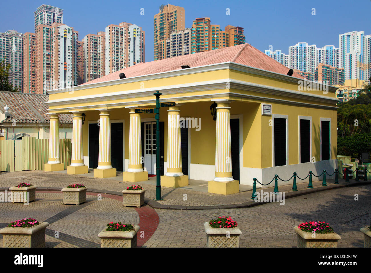 China, Macau, Taipa Village, portugese colonial architecture, modern apartment buildings, Stock Photo