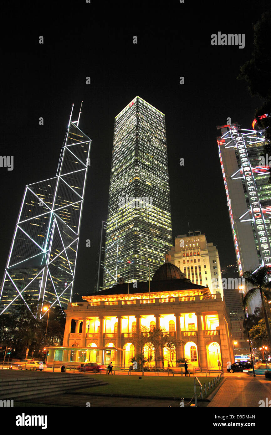 China, Hong Kong, Central district at night, Bank of China, Citibank, Legislative Council, HSBC Bank Stock Photo