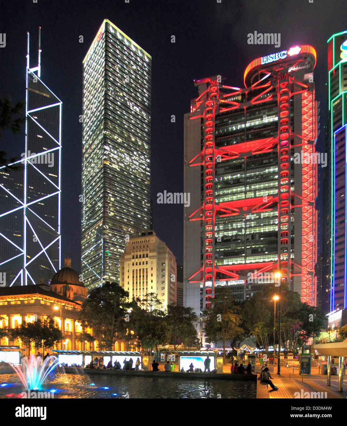 China, Hong Kong, Central district at night, Bank of China, Citibank, Legislative Council, HSBC Bank, Stock Photo