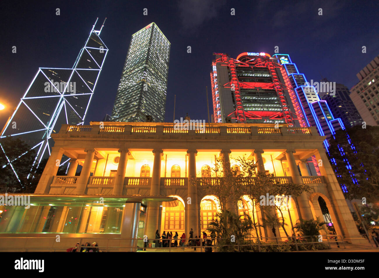 China, Hong Kong, Central district at night, Bank of China, Citibank, Legislative Council, HSBC Bank Stock Photo