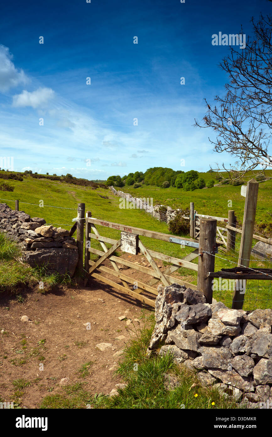 A gateway on the Mendip Hills leading to the disused lead mines at Velvet Bottom, Somerset, England, UK Stock Photo