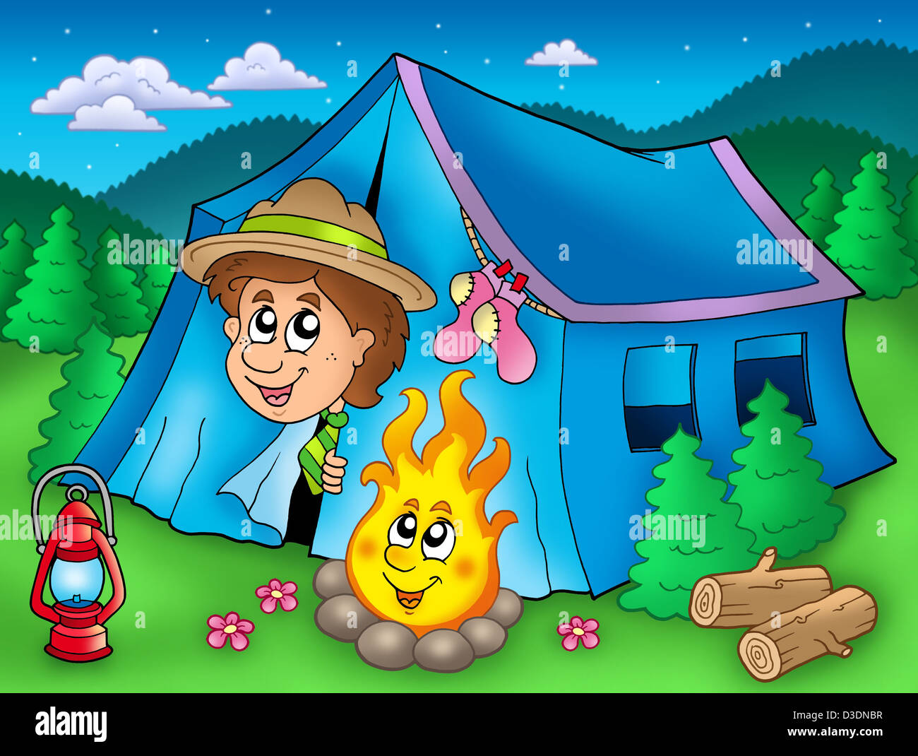 Cartoon Scout Boy In Tent - Color Illustration Stock Photo - Alamy